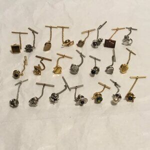 Lot of 22 fabulous vintage gold and silver toned Tie Tacks Lapel Pins w/ chains